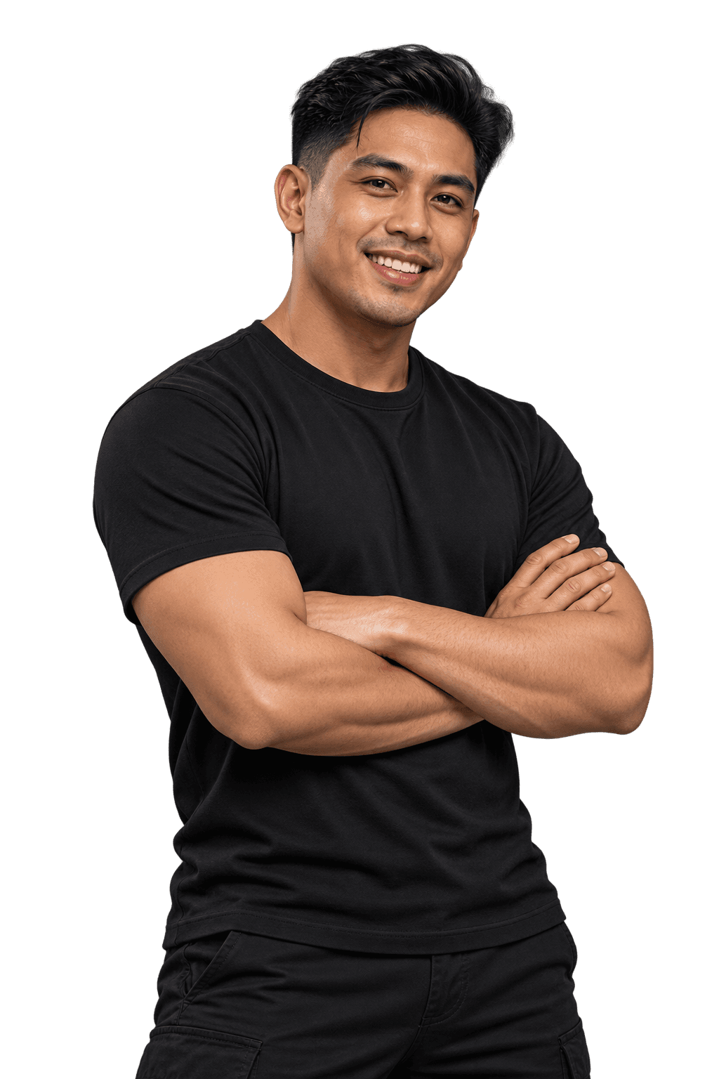 Generated portrait of Nico, the fictional barber, smiling with his arms crossed