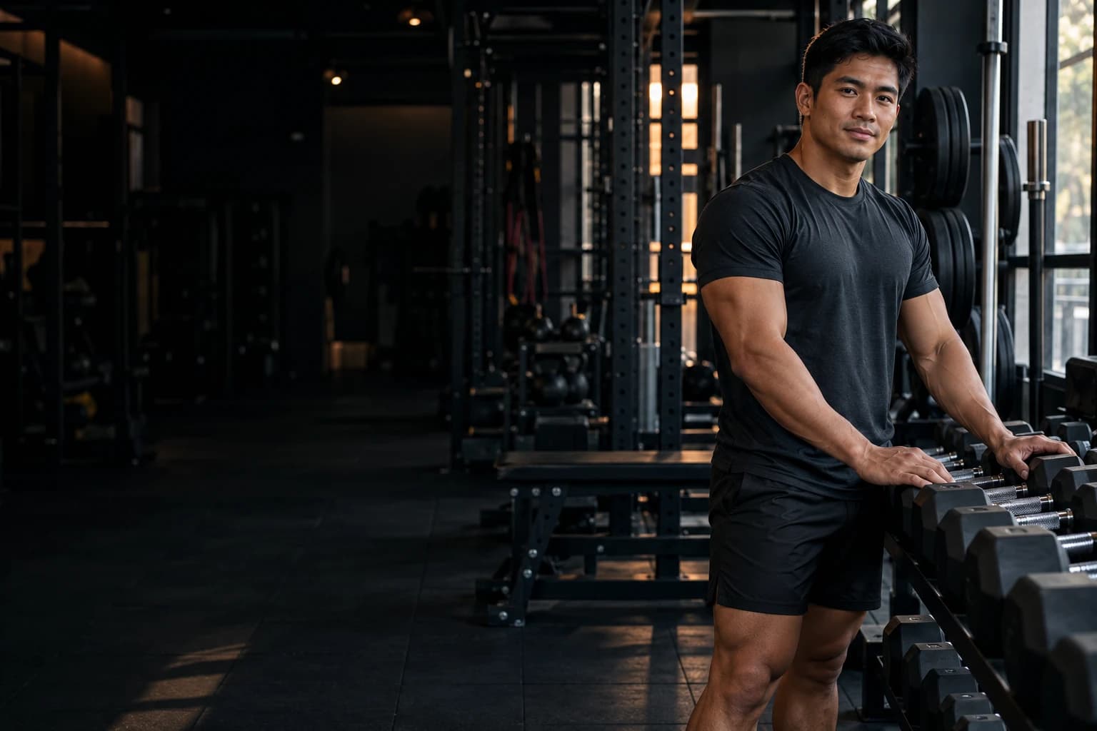 Generated fictional personal trainer beside gym weights