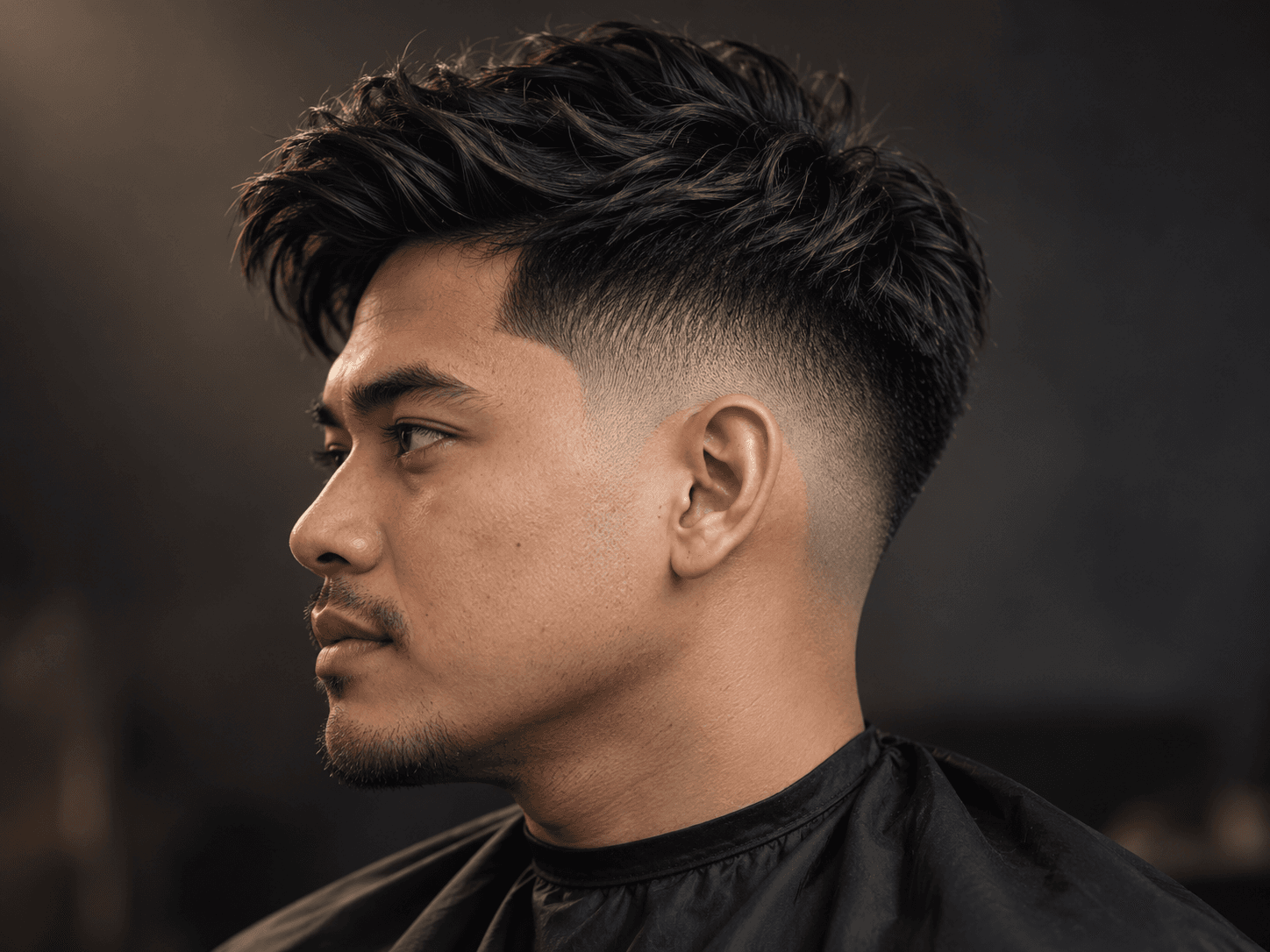 Generated example of a textured dark haircut with a low fade, viewed from the side