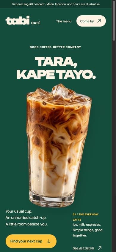 Tabi Café fictional website shown on a phone